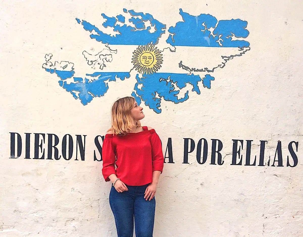 Student in front of a mural with Argentine symbols, representing cultural identity during a school programme in Argentina.
