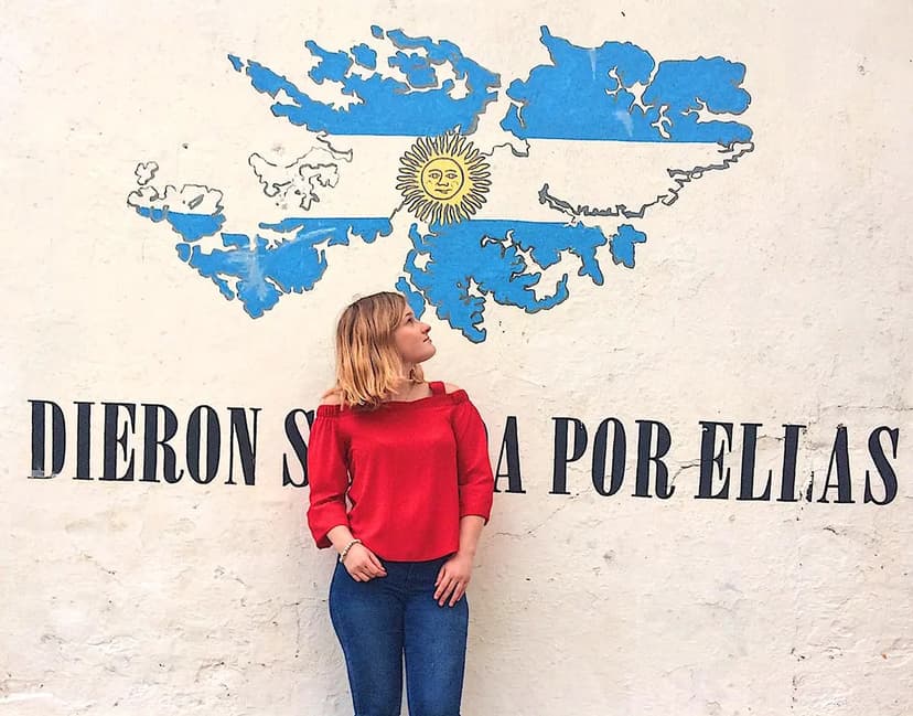 Student in front of a mural with Argentine symbols, representing cultural identity during a school programme in Argentina.