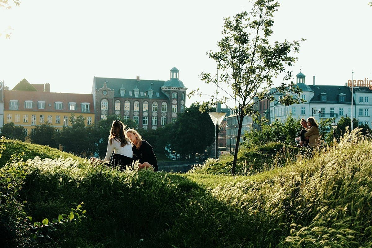 Students relaxing in a city park during a school exchange programme in Denmark, experiencing daily life, friendships and local routines.