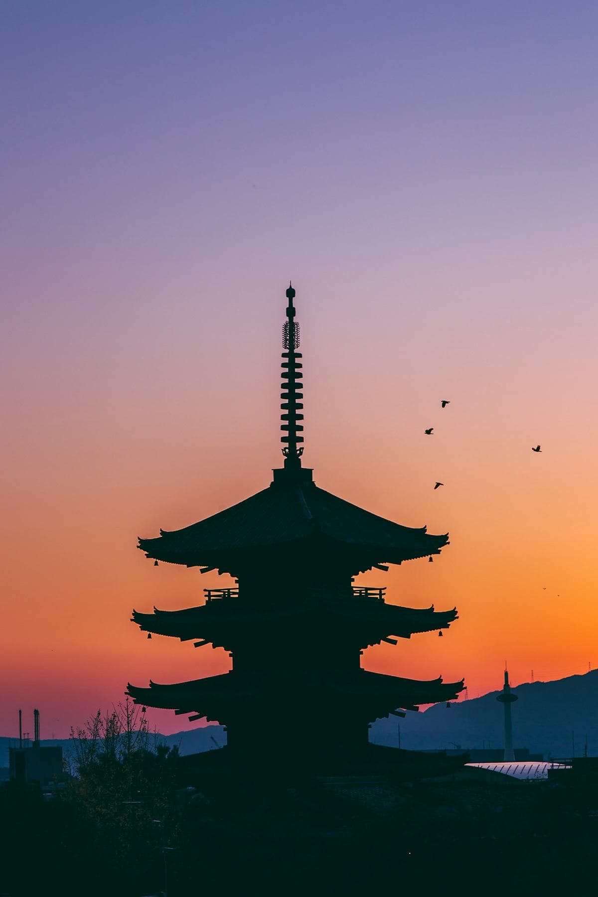 Japanese pagoda at sunset during a school exchange programme in Japan, symbolising cultural immersion alongside school life.